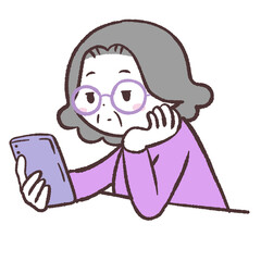 頬杖ついてスマホを眺めるシニア女性のイラスト
