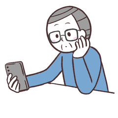 頬杖ついてスマホを眺めるシニア男性のイラスト