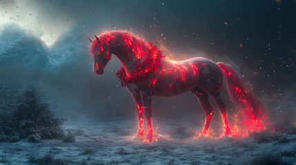 The Red Fire Horse stands on a vast snow-covered field at dusk. The horse's mane and tail are made of shimmering, ethereal flame. Around its neck is a large festive wreath of pine branches, red berrie