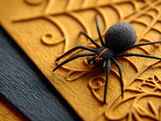 Close-up of a black spider resting on intricately textured yellow and black leather, showcasing the details of the arachnid and the craftsmanship of the material