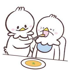 食事介助する白い鳥のイラスト