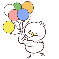 沢山の風船を持っている白い鳥のイラスト