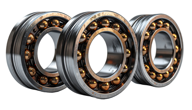 Three precision ball bearings arranged in a row - Powered by Adobe
