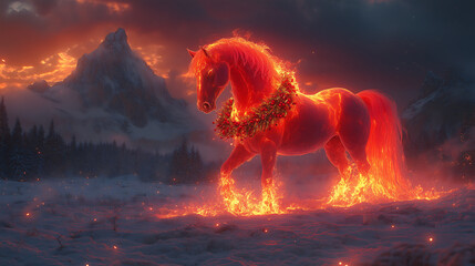 The Red Fire Horse stands on a vast snow-covered field at dusk. The horse's mane and tail are made of shimmering, ethereal flame. Around its neck is a large festive wreath of pine branches, red berrie