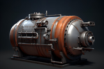 Industrial metal pressure vessel with orange accents, featuring intricate piping and valves, showcasing engineering design and functionality in a modern workshop environment
