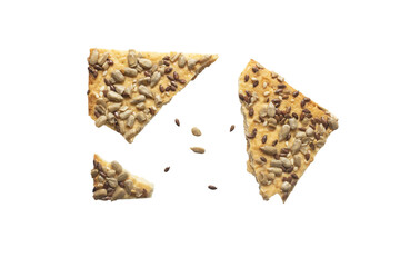 Stacked flax and sunflower seed cookies isolated on a white background are perfect for snack branding, packaging visuals, or baked goods advertising.