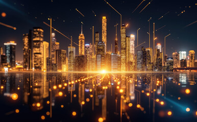 Illuminated skyscrapers reflect on water at night city lights