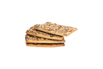 Stacked flax and sunflower seed cookies isolated on a white background are perfect for snack branding, packaging visuals, or baked goods advertising.