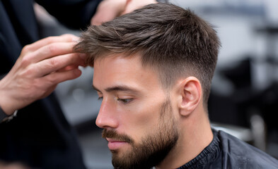 Male hairstylist is giving a modern haircut to a young man with a beard, showcasing precision and skill in a contemporary salon environment with stylish decor
