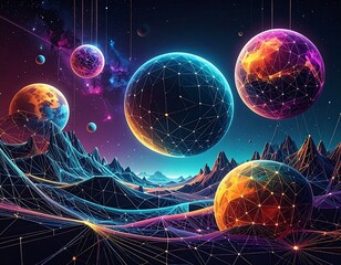 Futuristic landscape with glowing planets