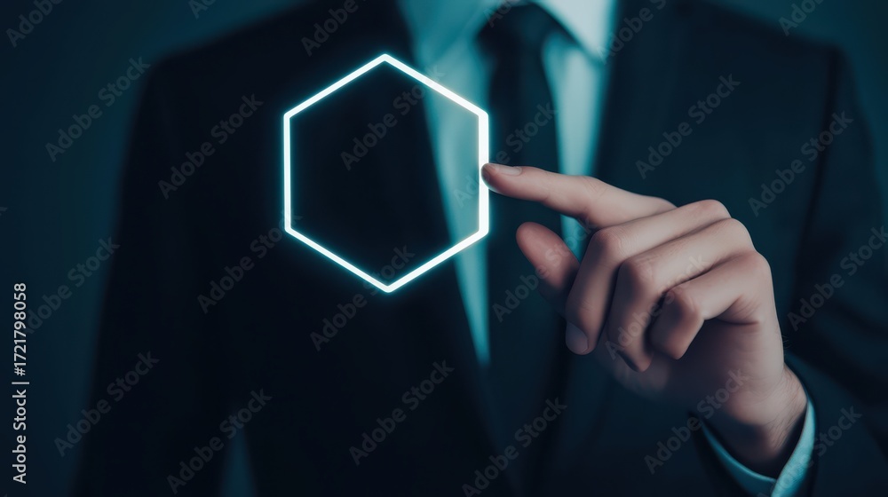Poster a businessman in a suit touches a glowing hexagonal shape, symbolizing innovation and technology in 
