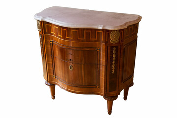 Elegant wooden sideboard with marble top showcasing intricate details and craftsmanship