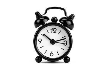 Black vintage retro alarm clock for time, morning, and wake-up deadline concepts, isolated on white background with clipping path.
