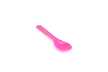 Pink plastic spoon cutlery, a disposable utensil for dessert, party, or baby food, isolated on white background with clipping path.