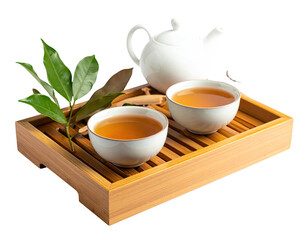 Two cups of tea on a wooden tray with leaves