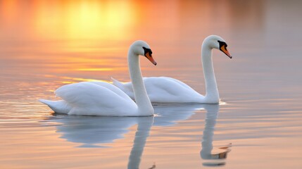 Fototapeta premium Two white swans gliding together on calm lake water, reflection glowing at sunset, symbol of love and peace