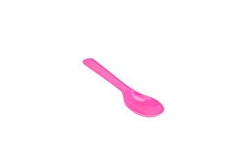 Pink plastic spoon cutlery, a disposable utensil for dessert, party, or baby food, isolated on white background with clipping path.