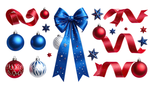 Christmas decorations.  Shiny bows, ribbons, and balls