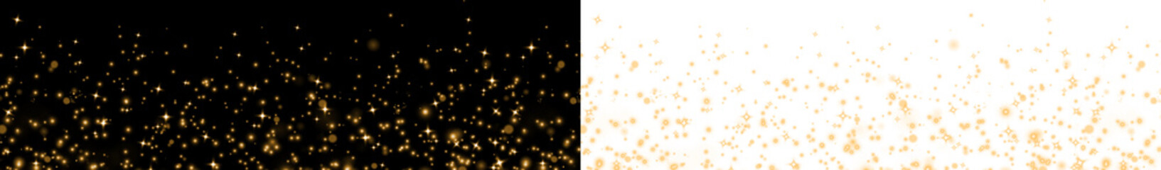Golden glittering particles overlay on black and white backgrounds, creating a stunning visual effect for creative projects and design applications with copy space