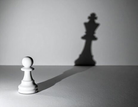 Pawn's Ambition: A monochrome image showcases a pawn's aspiring shadow of becoming a king in chess, symbolizing ambition, potential, and transformation.