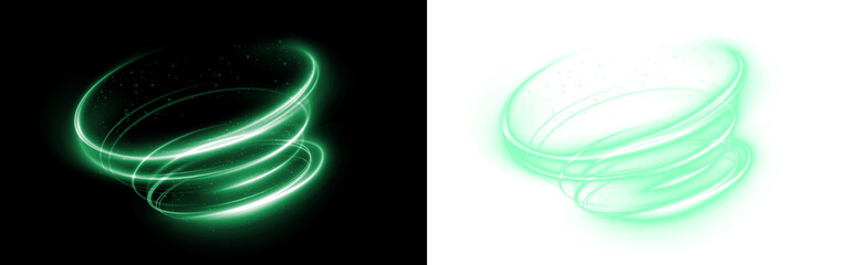 Abstract green glowing circular light trails on black and white backgrounds, creating a dynamic visual effect, ideal for design projects and digital art applications