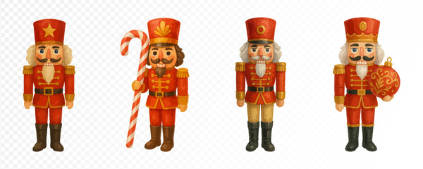 Christmas nutcracker set with toy soldiers in red uniforms, holding bow, ornament, and candy cane, festive watercolor illustration with vintage charm. Vector illustration.