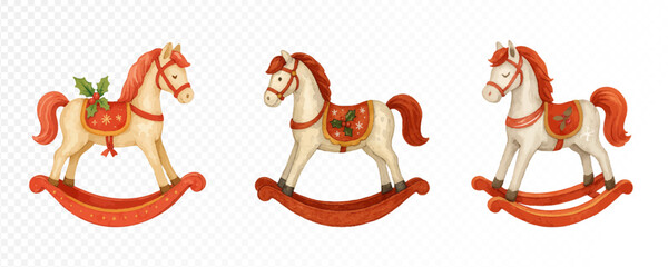 Obraz premium Vintage rocking horse set with red manes, festive saddles and holiday details, classic Christmas toy design in cozy watercolor texture for seasonal decor. Vector illustration.