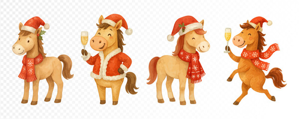 Fototapeta premium Christmas horses set wearing Santa hats, scarves and festive outfits, holding champagne glasses, cheerful holiday watercolor illustrations full of joy. Vector illustration.