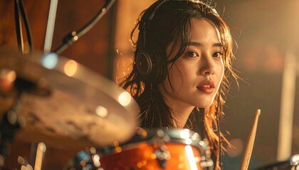 Close-up of drummer recording in a music studio, focused expression