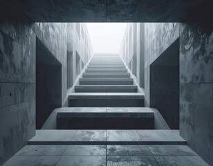 Fototapeta premium Ascending Steps to the Unknown: A minimalist architectural scene showcasing a grand, symmetrical staircase leading towards a bright, ethereal light. Evoking a sense of mystery, hope, and potential.