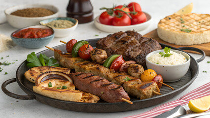 Authentic Arabian Mixed Grill Platter with Assorted Meats and Kababs Isolated on Table