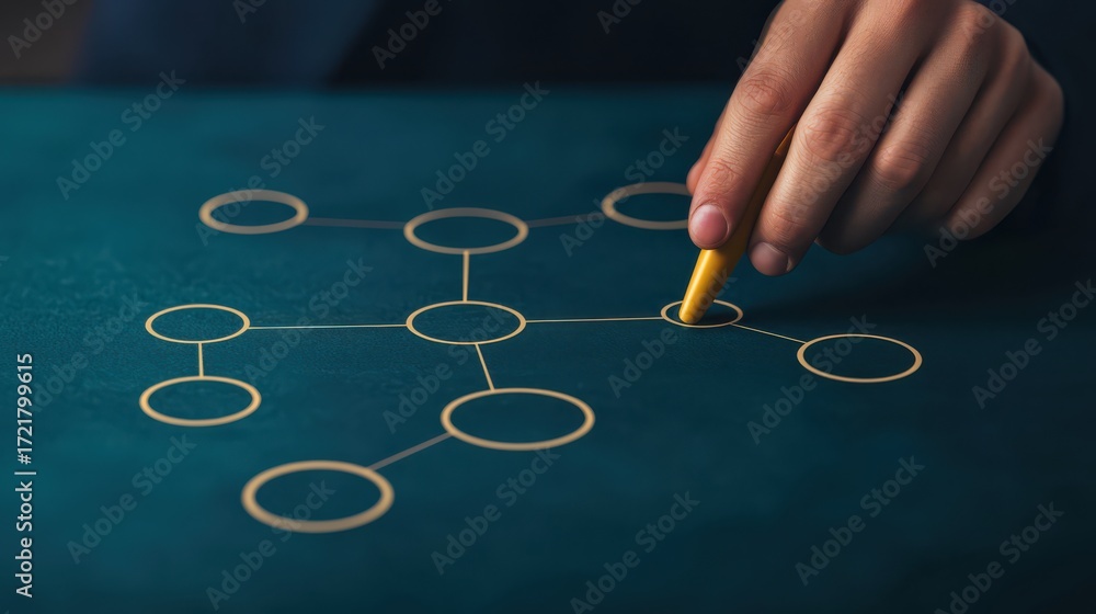Poster a hand drawing connections on a dark surface, illustrating a network or flowchart concept with circu
