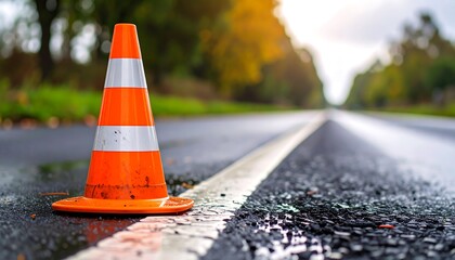 Orange traffic cone on wet road
