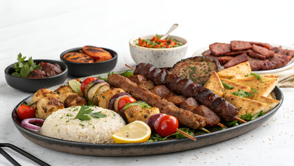 Authentic Arabian Mixed Grill Platter with Assorted Meats and Kababs Isolated on Table white background 