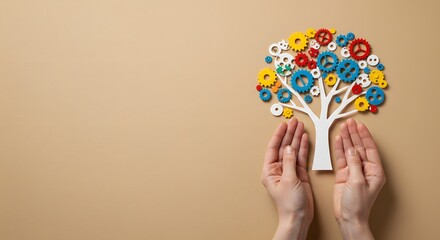 Teamwork and Business Growth: A Tree of Colorful Gears in Cupped Hands