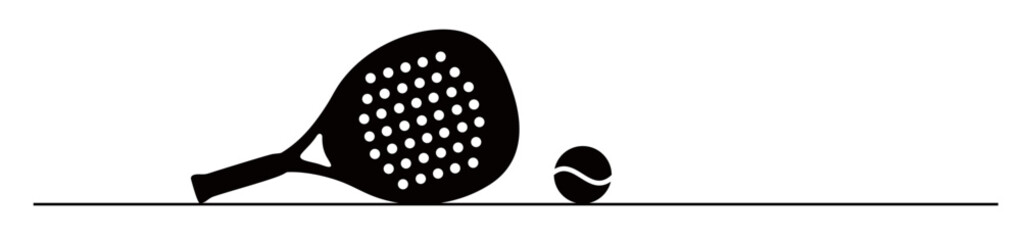 Silhouette of a padel racket in a reclining position and a ball on a straight line. A trendy sports concept.