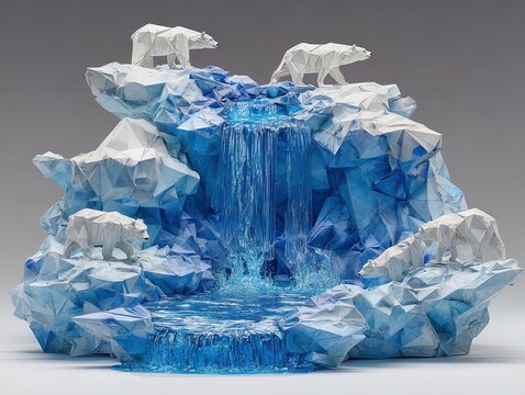 stunning photorealistic origami sculpture: a crystal-blue waterfall transformed into an icy stream with polar bears &ndash; perfect for a sporty interior poster or art display!