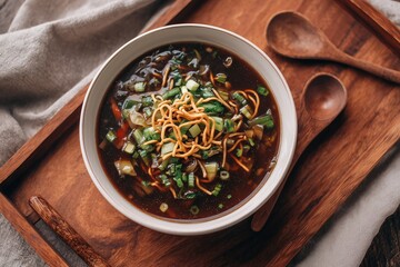 Manchow soup with fried noodles, vegetables, and spring onions in ceramic bowl