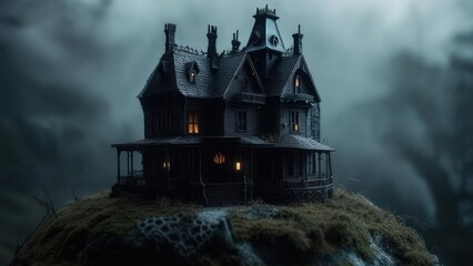 Ominous Miniature Victorian Mansion on a Foggy, Mossy Knoll