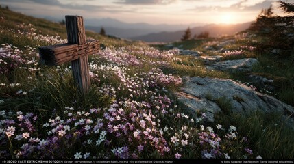 Sunset over a serene meadow with wildflowers and a wooden cross marking a peaceful resting place