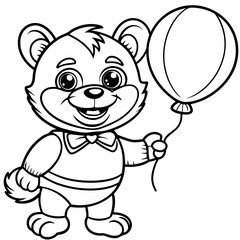 Fototapeta premium Adorable Cartoon Teddy Bear Holding Balloon: Happy, Childlike, Line Art Illustration