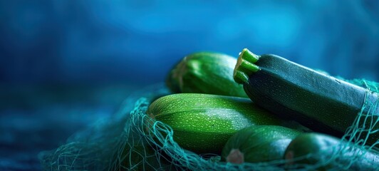 The vibrant zucchini nestled in a rustic mesh basket under soft lighting.