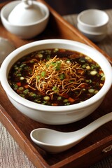 Indo-Chinese Manchow soup with fried noodles, vegetables, and spring onions in ceramic bowl