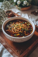Indo-Chinese Manchow soup with fried noodles, vegetables, and spring onions in ceramic bowl