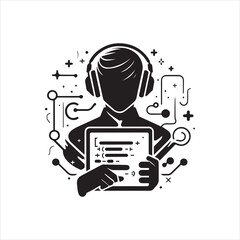 Faceless Programmer with Headphones Holding Tablet Displaying Code Snippets.