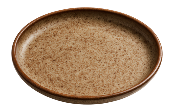 Rustic speckled oval ceramic plate with a brown rim.