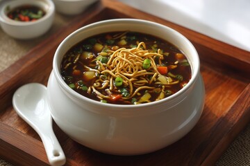 Indo-Chinese Manchow soup with fried noodles, vegetables, and spring onions in ceramic bowl