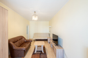 Cozy Modern Living Room Interior with Comfortable Sofa and Wooden Furnishings