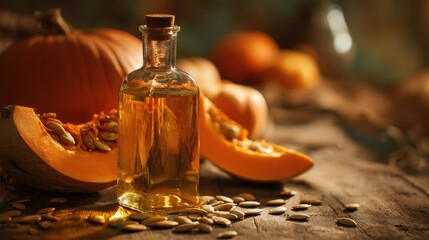 The beautiful arrangement of pumpkin oil and fresh seeds on a rustic table.