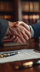 Business Agreement Handshake in Office with Document and Pen on Table